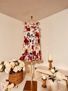 Dolce & Gabbana White Floral Ruffle Dress with Red & Blue Accents